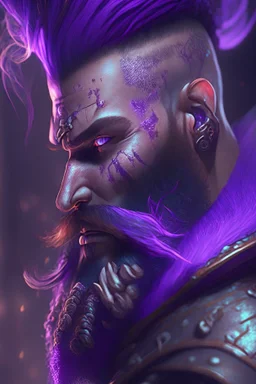 photorealistic warrior, hyperdetailed painting, luminism, Bar lighting, complex, purple mohawk, 4k resolution concept art, Artgerm, WLOP, Alphonse Mucha, 3d render, octane render, intricately detailed, cinematic, awesome full color, hand drawn, dark, gritty, cinematic, purple beard, wyvern