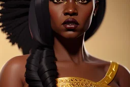 A portrait of a beautiful curvaceous black woman with long straight curly black hair, wearing a gold crown, and a gold intricate detail gown, yoruba culture, orixa, magical, ethereal, gown, sharp lighting, cimematic lighting, misty. Painting, high quality, Ultra quality 8k.