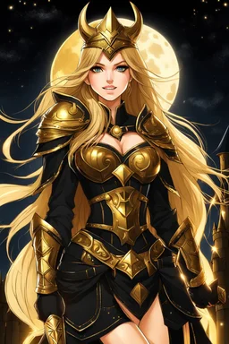 SUPER PRETTY GIRL, DRESSED WITH A BLACK-GOLD SMALL ARMOUR, GOLDEN LONG HAIRED, GOLDEN EYES, GREATH SMILE, BIG BUBS, NICE BODY, STAY ON DARKNESS CASTLE, STARS SKY, MOON, LEGENDARY WARRIOR, POWERED GIRL, A GOLDEN GLOW AROUND HER BODY.