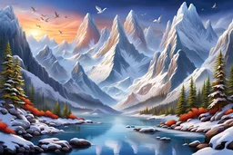 A magnificent picture. The background scenery of ice and snow mountains, the details of birds singing and flowers, the magnificence of thousands of trees and forests, and the grandeur of thousands of mountains and rivers.