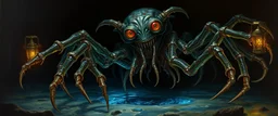 master oil painting by Rembrandt, good afternoon gremlin orc Fathomlurker in London "An abyssal creature with translucent skin revealing writhing organs, many spindly legs and elongated fingers, eyes like lanterns scattered across its body, tentacles that ripple silently, lurking in black depths, almost invisible, emitting an eerie blue glow."