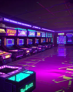 A dark photo of a full panoramic view an 80's aesthetics arcade at night, with a lot of functioning arcade machines, a vaporwave floor and some colorful tiles in between the floor. Purple aesthetics.