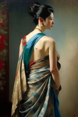 oriental woman with long dress looking back neoclassism whole body smiling painting looking over her shoulder looking into the camera