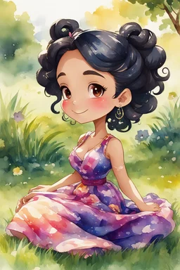 An watercolor image of a chibi black cartoon of a curvaceous woman with flowing black hair twisted up, wearing a colorful maxi dress. She sits relaxed on the grass facing the warm sunlight, which illuminates her face as she looks to the side with a small smile, accentuating her prominent makeup and brown eyes.