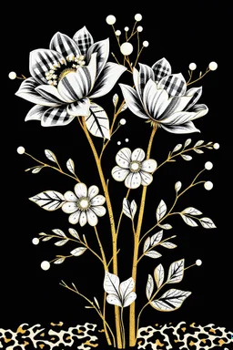 Large upright flowers with branches and leaves, dressed in black and white plaid and polka dots. Plaid and polka dots should be prominent but not too large. Include winter-themed elements. Gold details appear inside, along the lines, stems, and leaves. Adorned with crystal and pearl diamonds. The design must be full, elegant, stylish, and clearly visible. Background and ground should be solid black. Leopard textures may be included inside.