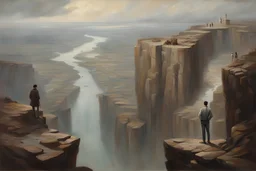 oil painting, an old track on a tall cliff, a man standing on the cliff and looking at the flooded city below him