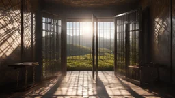 Interior of a dark dismal prison cell with bed, table, chair, handcuffs, chains, looking out through an open cell door into gardens and distant hills in bright sunshine and freedom. Exquisite composition, beautiful detailed intricate detailed octane render, 8k artistic photography, photorealistic, perfect light, chiaroscuro, award-winning photograph, masterpiece