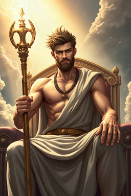 Skinny 25 year old Greek God who has abs with short spiky brown hair and a brown goatee with lightening sparks going everywhere and he is clutching a large scepter he is wearing a king’s robe and is facing the camera sitting on a kingly throne in the sky