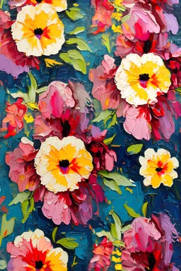 SEAMLESS Pattern masterfully detailed, vibrant flowers created with spatulated oil painting techniques, featuring thick, impasto strokes, grunge scratches, and deposit of saturated oil pigments along the