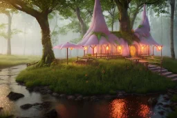 Magical fantasy elven hut misty forest rivendell tree flower pink green yellow beautiful nature river