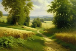 Peder Mork Monsted style,Hungary, field with hayrick, dirt road, forest in the distance, summer