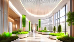 interior de un lobby centro clínico a gran escala con materiales contemporáneos con buen diseño de iluminación contemporánea, desde la perspectiva humana, dando importancia al wellness del lugar y escala de usuario, integrando jardines interiores