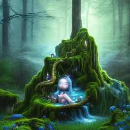 crazy detail, magical forest background, waterfall, blue but cloudy skies,close up of cute dark poet sleeping peacefully on a mossy rock wearing soft robes and blue gloves,dark stone statue, lively eyes,hidden hands, framed by foliage, shiny eyes, holding up scroll