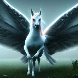 close up on one sweet pegasi with two wings and rider in a clearing in the forest of purgatory, movie poster, cinema 4d, 4k