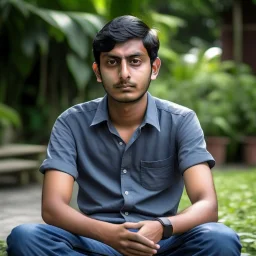 an 24 year old indian man, oval face, white skin, wearing shirt and jeans, sitting in a garden, peaceful, front face portrait, short hair, slightly muscular built, handsome