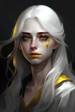 Stark White skinned witch with white hair and pure yellow eyes with no pupils and skin that flakes off into pure light