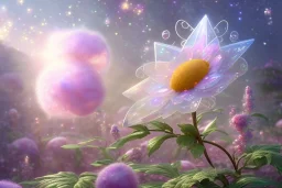 one big crystal subtle flower in a galactic ambiance above a very little beautiful fairy, transparent petals, delicate colors, in the foreground, full of details, smooth, bright sunshine，soft light atmosphere, light effect，vaporwave colorful, concept art, smooth, extremely sharp detail, finely tuned detail, ultra high definition, 8 k, unreal engine 5, ultra sharp focus