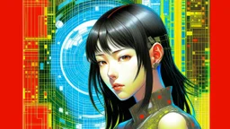 An illustration by Kuniyoshi and Monet of a tech-girl inside a futuristic matrix-grid.