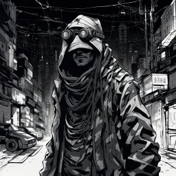 Whispers in the dark alleys of the surviving cities speak of Kai Virtuoso - the ghost in the machine. Draped in garments seamlessly integrated with camouflage tech, and goggles perpetually projecting data streams before his eyes, Kai is a master of evasion and a harbinger of techno-anarchy.Dystopian, Hyper detailed, realistic fur, Japanese, Extreme depth of field, bokeh blur, winter, blizzard, Alberta, all-natural, in the style of candid, imperfection, natural lighting, Professional shot, shot o