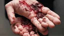 a woman's palms of her hands with dried and caked on blood all over them