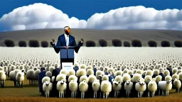 barack obama at podium speaking to large field of sheep