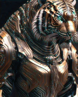 Full body 3D Portrait of a cyborg tigre in natural colours wearing futuristic face armor in realistic fantasy