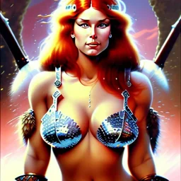 portrait of a beautiful busty Red sonja by Frank Frazetta style