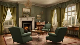 Sitting-room interior, one fireplace with fire burning, 1950 UK house, chairs have four legs, tables have four legs, window, clean, neat, tidy, affluent, expensive wallpaper, fine fabrics, chandelier, fashionable, luxuries, award-winning color photograph, Ultra Realism, 16k, HDR, High Quality, Sharp Focus, Studio Photo, Intricate Details, Highly Detailed