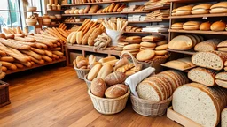 The wooden floors of a shop are filled with fancy breads including baguettes, sandwiches, dough and tortillas, white, and whole wheat and wheat ears and sesame seeds and freshly baked sliced ​​breads and a classic theme.