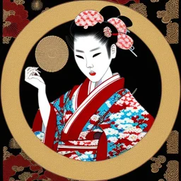 This striking image captures the essence of traditional Japanese culture and aesthetics. At the center is a woman donning an exquisite kimono, embodying the grace and elegance associated with the geisha tradition. The kimono's black and red colors, accentuated by the white floral patterns, create a visually striking contrast against the muted backdrop of misty mountains and Japanese pagodas. Her hairstyle, adorned with sakura (cherry blossom) ornaments, further enhances her connection to the nat