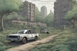 post office, car, forest, overgrown apocalyptic city background, comic book,