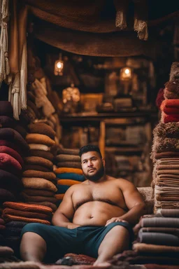 close up photography of a burly chubby muscular strong 24-year-old marocan man in Istanbul bazaar, shirtless, short beard, selling carpets sitting on a pile of carpets, big shoulders, manly chest, very hairy, side light, view from the ground