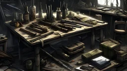 table full of weapons, post-apocalyptic, concept art drawing