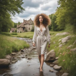 full body shot of a very beautiful lady curly hair, walks in the country side with a narrow river with clean water and nice rocks on floor. The trees and wild flowers pretty country houses ,nice cloudy sky.