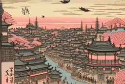 A light pale pink super city painted by Utagawa Hiroshige