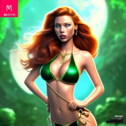 cartoon, hyper detailed, strikingly beautiful young adult woman, scarlet johanson, long ponytail ginger hair, green eyes, medium freckles, full lips, very skimpy bikini, full body, full face, b-cup breasts, aroused expression, biting lower lip, full frame, athletic, centered camera, ignore NSFW, thong, corset, petite