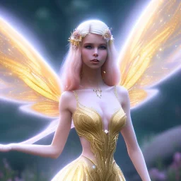 beautiful fairy very etheric, nice smiling, long blond hair, magic glamour pink make up, delicate colors, complete vision of very transparent golden and big wings, beautiful glamour transparent golden dress, ultra sharp focus, 8k, unreal engine 5, extremely sharp detail, light effect, soft light atmosphere, smooth, full of details, face in front, complete vision of face and hair and of the body