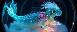 The image depicts a fantastical scaly glitter dragon squid squirrel snow soup, specifically a transparent with neon plasma aura, with a unique and whimsical appearance. The seal dragon is positioned in a circular frame, which suggests it might be inside a container or a vessel. The body is elongated and has a segmented appearance, with a detailed texture that gives it a realistic look. Its head is covered with white, spiky hair, adding to its fantastical charm. From the weird dragon lab.