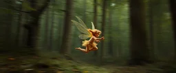 pixie quickling with background motion blur, in magical forest scene, in the style of Rembrandt