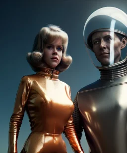 Ultra Realistic retro sci-fi image from 1960, spaceship, sweet young woman Jane Fonda with a Lizard face Man, dress with tight latex coat and retro glass helmet, Retro sci-fi style, soft color, highly detailed, unreal engine 5, ray tracing, RTX, lumen lighting, ultra detail, volumetric lighting, 3d, finely drawn, high definition, high resolution.