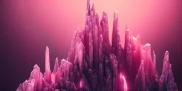 single pink crystal, on an altar in a foggy cave, cinematic,