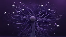 A minimalist abstract 2d digital art graphic and ink montage,. Deep dark purple background with pale neural network background, human nervous system with shiny little balls , white-dark blue-pale gray and black colors, Clean composition with strange vibe, with surreal vibe, Photorealistic with emotional with abstraction , neurodivergens soul and mind, cinematic, glitch