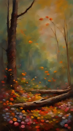 impressionism-style oil painting of a tree falling down in a forest with beautiful flowers