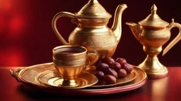 Arabian coffee with golden dallah on a dark red background, still life of Arabic traditional coffee pot or Dallah of ramadan served with saudi sweet dates, beautiful intricate insanely detailed octane render, bokeh, trending on artstation, soft natural volumetric cinematic perfect light, chiaroscuro, award-winning photograph, masterpiece, 8k artistic photography, photorealistic concept art