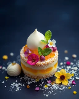 Mini Mango, Mint cake, Rafael, white truffles, ice cream, with flowers from molecular cuisine, created by Remedios Varo, a composition of an ancient work of art that will take the audience to another time and place - v 5) dark blue background , RENAISSANCE+ ART DECO, art trend, sharp focus, studio photography, complex details, very detailed