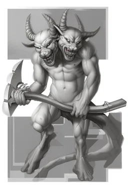 A two-headed devil with muscles, holding an icebreaker in his hands