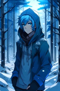 Anime Junge mit seitenscheitel und blauen Haaren und ein paar Bartstoppel in einem verschneiten Wald mit schwarzen Kapuzenpulli