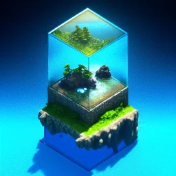 The Isometric Glass Tall Box Mini Model Little Real Island Mixed Water Fall Under Ocean Sunshine Summer Background Blue Sea, The Last Of Us / Avatar, Octane Render / ZBrush, Cinematic, IMAX Film, Nikon D750, 16K, Autostereoscopy, Anthropomorphic, Golden Ratio, Geometry, Symmetric, Depth Of Field, Highly Detailed, Ultra Realistic, Beautiful Lighting, Halfrear Lighting, Soft Light, Candoluminescence, Cast Shadow, Reflective, Glow, Translucent, Normal Map, Carbonated --testp