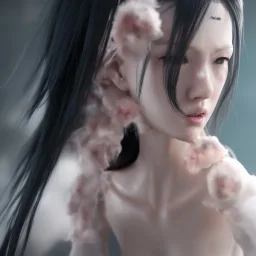 hitomi tanaka, long black hair, realistic, intriacte detail, sci-fi fantasy style, volumetric lighting, particales,highly detailed,cinamatic, deep colours,8k