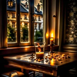 a table with a candle on it in front of a window, a jigsaw puzzle by Karl Stauffer-Bern, shutterstock contest winner, german romanticism, enchanting, whimsical, streetscape